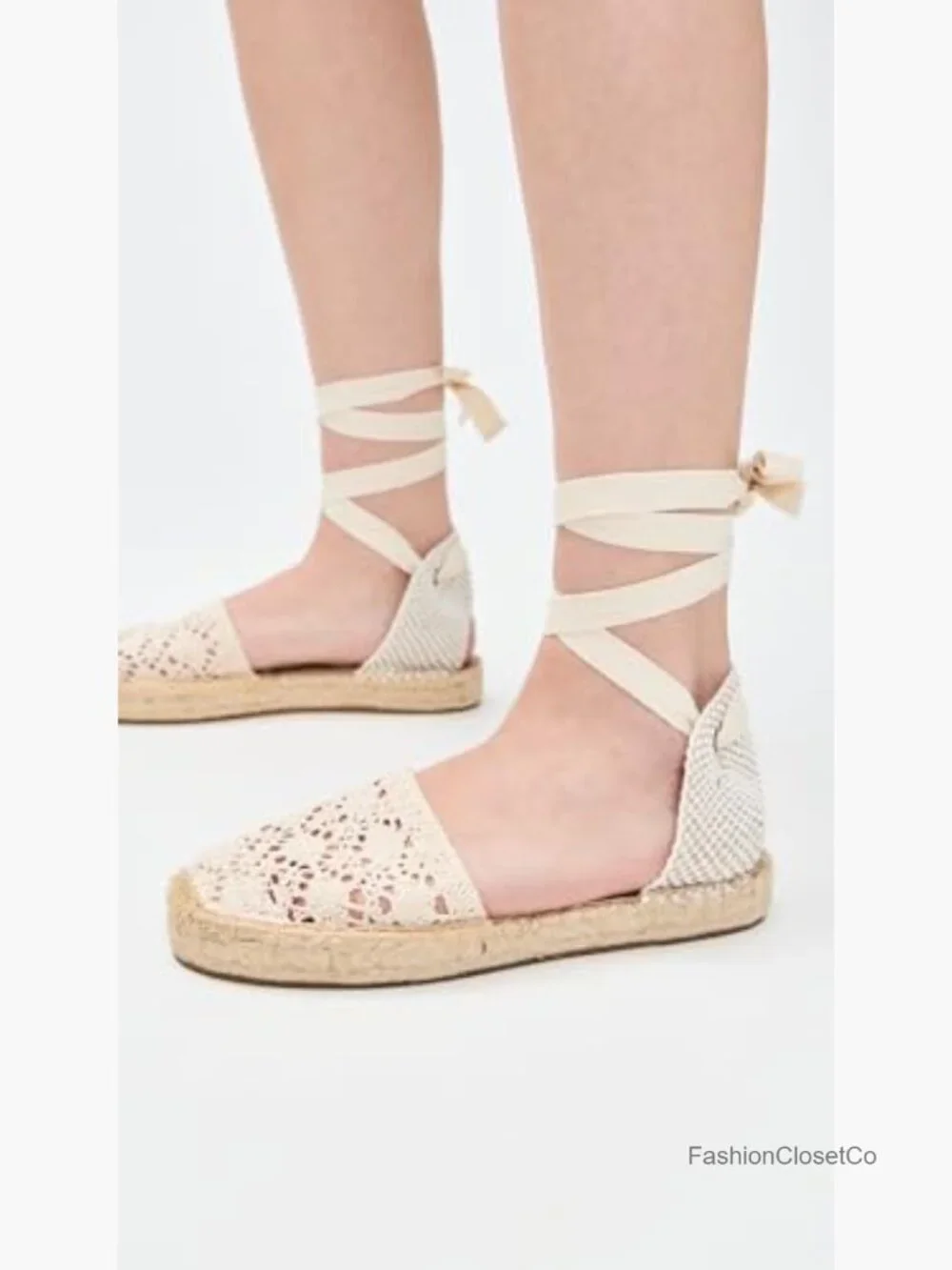 Crochet Lace Up Espadrilles Flat Sandals with Ankle Ties